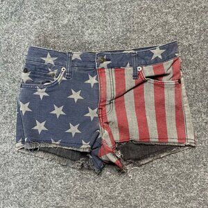 Kill City Womens Cut-Off Shorts Blue Stripe Stars Flag Pocket Frayed Low Rise 26